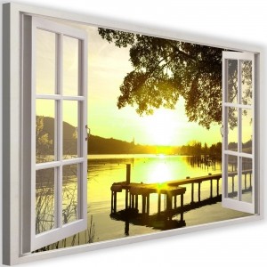 Obraz na płótnie - Canvas, okno - zachód słońca nad jeziorem 90x60