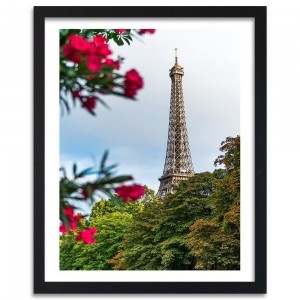 Obraz w ramie czarnej, Wieża Eiffla i kwiat 60x90